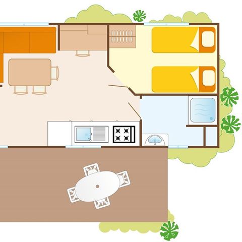 Mobilheim 6 Personen - Comfort XL | 2 Zi. | 4/6 Pers. | Erhöhte Terrasse | Klimaanlage