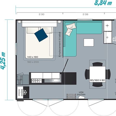 Mobilheim 6 Personen - Comfort XL | 3 Schlafz. | 6 Pers. | Erhöhte Terrasse | Klimaanlage | TV