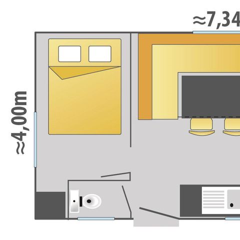 Mobilheim 6 Personen - 28m² + halbüberdachte Holzterrasse 12m² 4/6 Pers.