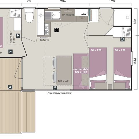 Mobilheim 6 Personen - Comfort | 2 Zi. | 4/6 Pers. | Einzelne Terrasse | Klimaanlage | TV