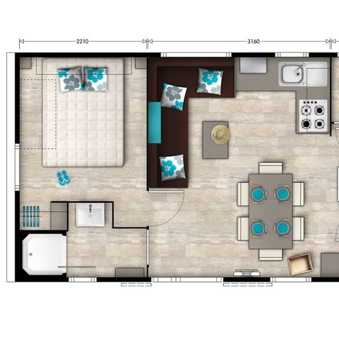 Mobilheim 6 Personen - Premium | 3 Zi. | 6 Pers. | Erhöhte Terrasse | Klimaanlage | TV