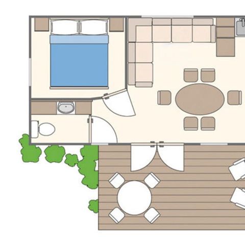 Mobilheim 5 Personen - Classic | 2 Schlafz. | 5 Pers. | Erhöhte, nicht überdachte Terrasse | Clim.