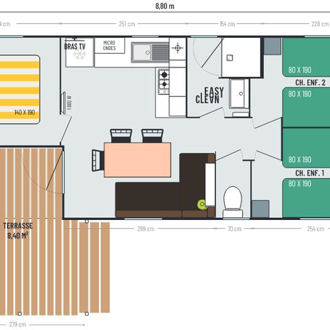 Mobilheim 6 Personen -  Komfort-Loggia 27,6m² (3Sch-6Pers) + Überdachte Terrasse 8m² + TV + Klimaanlage