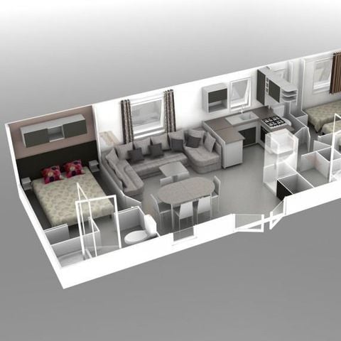 Mobilheim 6 Personen - Premium 40 m² (3 Schlafzimmer, 2 Bäder) mit überdachter Terrasse + TV