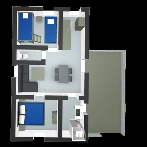 Mobilheim 4 Personen - Homeflower Premium 29 m² 2 Zimmer Klimaanlage, Tv, Geschirrspüler, XXL-Terrasse