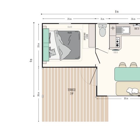 Mobilheim 4 Personen - 25m² Premium (2Sch-4Pers) davon Halbüberdachte Terrasse + TV + LV + BBQ