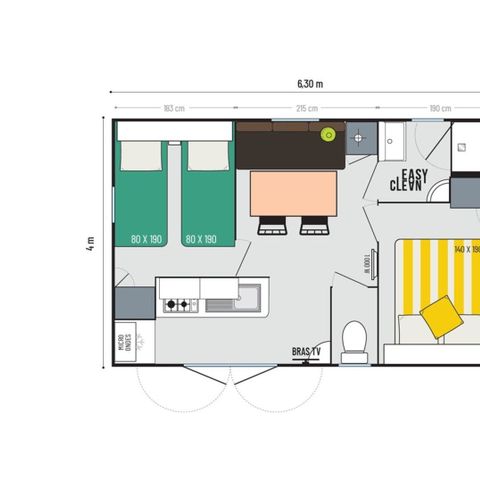 Mobilheim 4 Personen - Comfort XL | 2 Zi. | 4 Pers. | Erhöhte Terrasse | Klimaanlage | TV