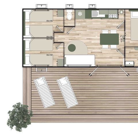 Mobilheim 7 Personen - 35m² Premium (3 Zimmer) + Terrasse + LV + TV + Clim