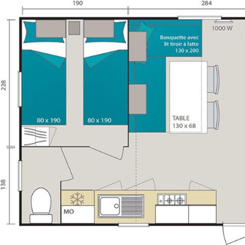 Mobilheim 5 Personen - Sunny 27 m² (2 Schlafz. - 4/5 Pers.) + TV