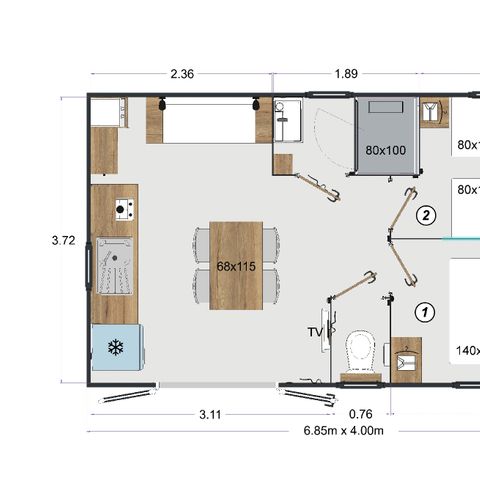 Mobilheim 4 Personen - Palmy Premium 24,5m2 (2 Schlafräume - 4Pers) + TV + LV + Überdachte Terrasse