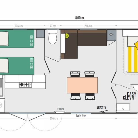 Mobilheim 4 Personen - Premium 2 Schlafzimmer 32m² Überdachte Terrasse 12m² + LV + TV