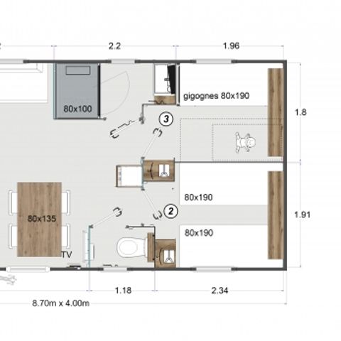 Mobilheim 6 Personen - riviera Confort 32m² - 3 Schlafzimmer + Terrasse + TV + Klimaanlage