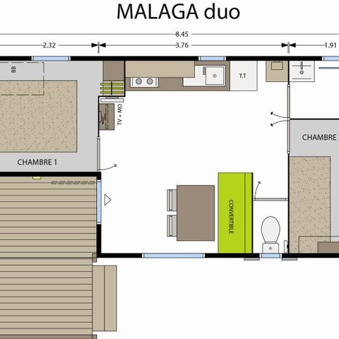 Mobilheim 4 Personen - Standard 27m² (2 Zimmer) + integrierte Terrasse