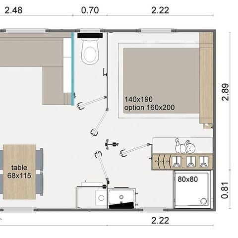 Mobilheim 4 Personen - Komfort 30m² (2 Zimmer) - halbüberdachte Terrasse