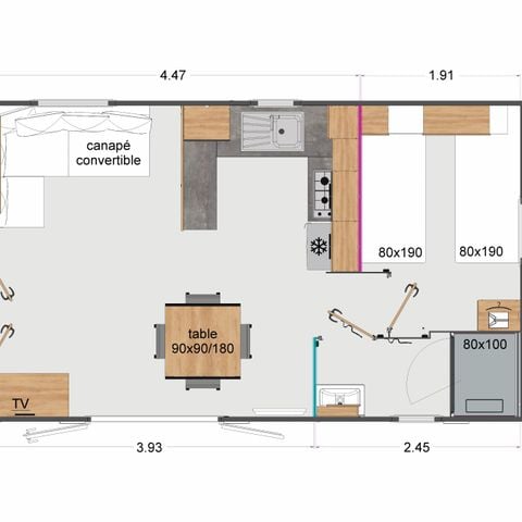 Mobilheim 4 Personen - Premium 36m² (2 Schlafzimmer) - halbüberdachte Terrasse