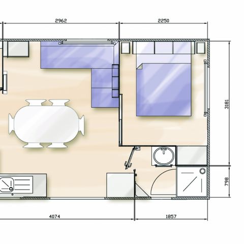 Mobilheim 6 Personen - Standard 32m² (3 Zimmer) + nicht überdachte Terrasse 10m² + TV