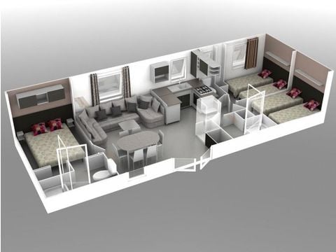 Mobilheim 6 Personen - Premium 40 m² (3 Schlafzimmer, 2 Bäder) mit überdachter Terrasse + TV