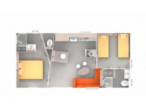 Mobilheim 4 Personen - Premium 40 m² (2 Schlafzimmer, 2 Bäder) mit überdachter Terrasse + TV + LV