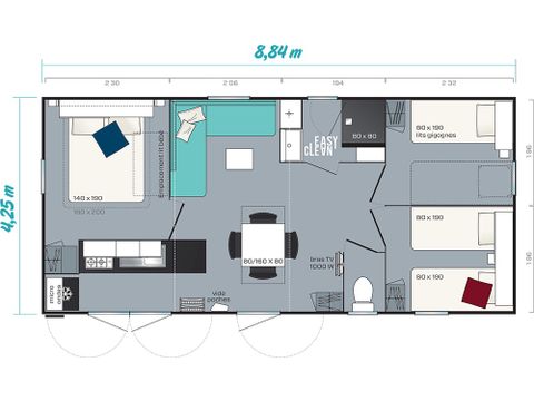 Mobilheim 6 Personen - Comfort XL | 3 Zi. | 6 Pers. | Erhöhte Terrasse | Klima.