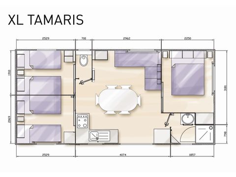 Mobilheim 6 Personen - Standard 32m² (3 Zimmer) + nicht überdachte Terrasse 10m² + TV