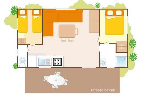 Mobilheim 6 Personen - Comfort | 2 Zi. | 4/6 Pers. | Nicht überdachte Hochterrasse | Clim.