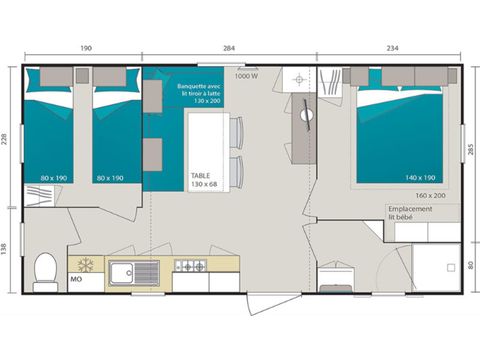 Mobilheim 5 Personen - Sunny 27 m² (2 Schlafz. - 4/5 Pers.) + TV