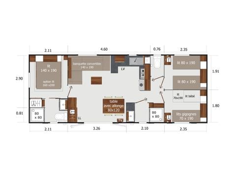 Mobilheim 6 Personen - Premium 39m² (3 Schlafzimmer) - 2 Bäder - überdachte Terrasse