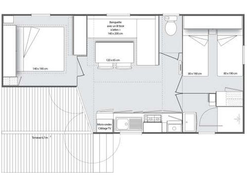 Mobilheim 4 Personen - 30m² Komfort (2 Zimmer) mit halbüberdachter Terrasse 15m².