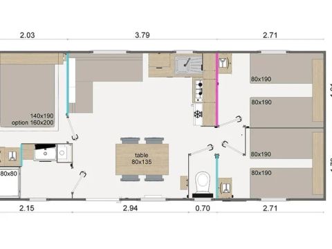 Mobilheim 6 Personen -  Comfort | 3 Schlafz. | 6 Pers. | Erhöhte Terrasse | TV